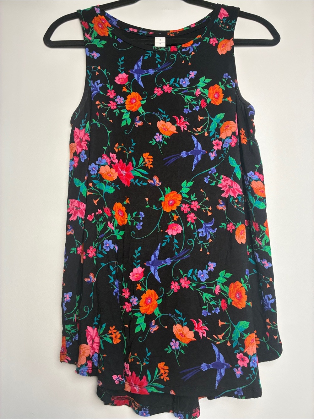 Old Navy Black Floral Tank Top with Bright Multicolor Print